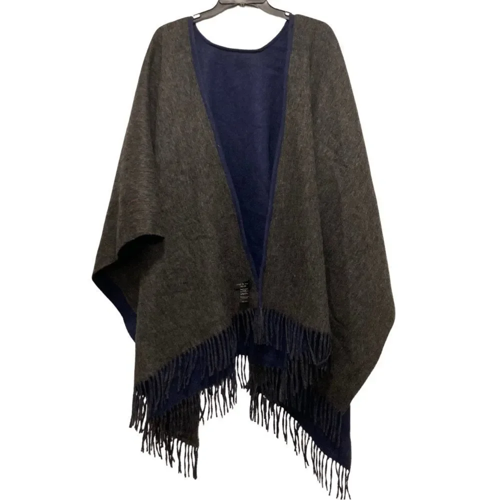 EUC Rag & Bone Double-Faced Fringed Edge Shawl Wrap in NAVY / GRAY